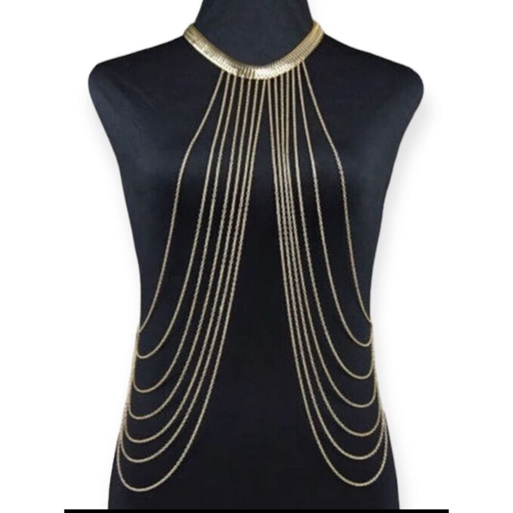 Gold Multi Layer Body Chest Chain Necklace Harness Festival NWT